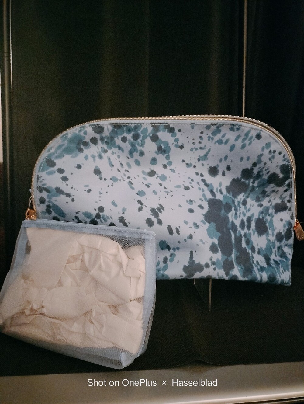 Large Dome Blue Splash Print Cosmetic Makeup Bag Set